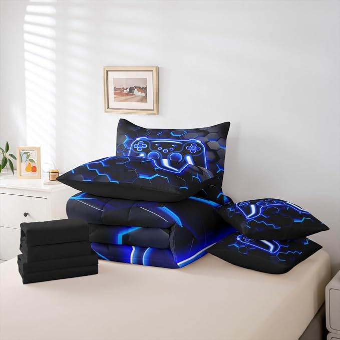 Erosebridal Gaming Queen Comforter Set with Sheets, Neon Honeycomb Gamer 7 Piece Bedding Set Retro Game Console Bed in a Bag, Blue Hexagon Lights Room Decor,Gamer Room Decor for Boys