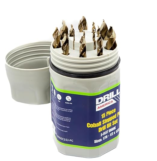 Drill America 15 Piece Cobalt Stepped Point Drill Bit Set in Round Case w/Gold Oxide Finish for Drilling Acrylic, Steel, Hard Metals, Sizes 1/16" to 1/2" x 32nds