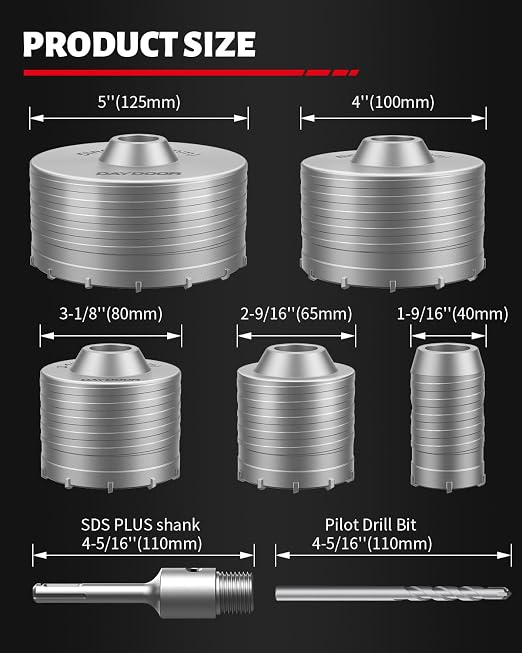 DAYDOOR Concrete Hole Saw Kit, 6-Piece Masonry Hole Saw Kit SDS Plus Shank Adapter, 1-9/16", 2-9/16", 3-1/8", 4", 5" Concrete Core Drill Bits Set for Brick, Cement Wall, and Stone