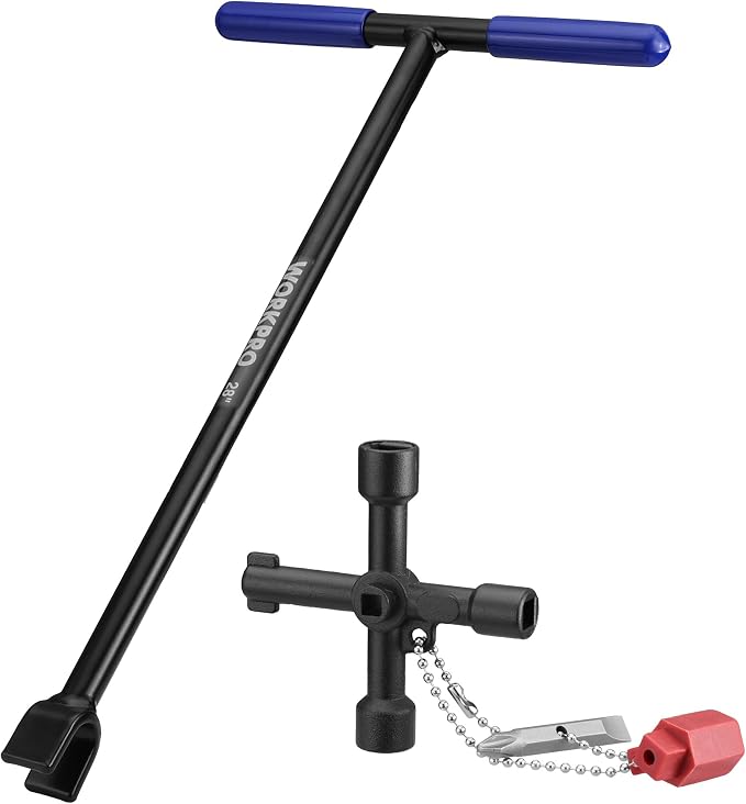 WORKPRO 28" Water Meter Key with 4 Way Utility Key, Heavy Duty Steel Water Shut Off Curb Key with Non-Slip T-Handle, Extended Reach Valve Tool for Outdoor Underground Water Valves