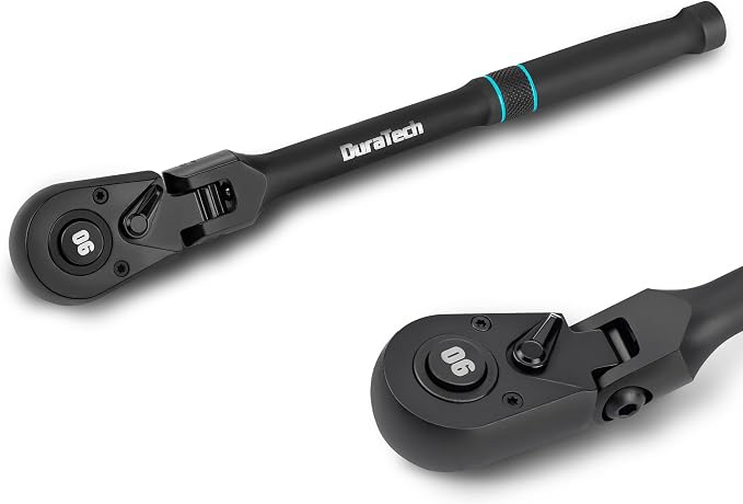 DURATECH 3/8-Inch Flex-Head Ratchet, 90-Tooth Quick-Release Ratchet Wrench | Socket Wrench with 180° Pivoting Head and 7-Position Setting, Reversible, CR-V Made, CR-MO Head, Black Mn Phosphate Finish