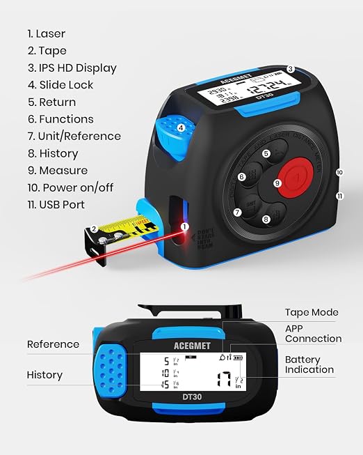 ACEGMET DT30 Digital Tape Measure, 131ft Laser&16ft Tape, ±1/16" Precision | USB-C Rechargeabl, Smart App Sync, Backlit LCD, Area Volume Pythagorean, Auto Tape Lock, Laser Tape Measure, IP54 Waterproof