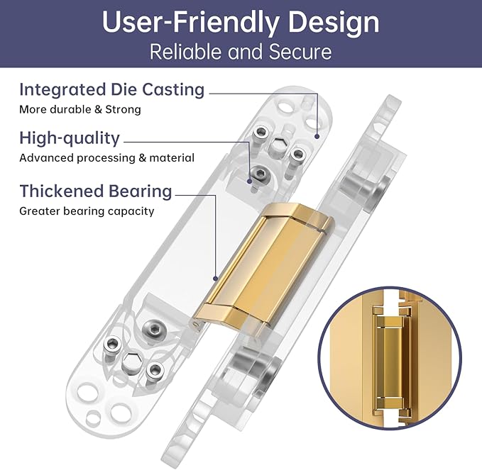4-Pack 7 inch Hidden Hinges for Doors Invisible Hinges Concealed Zinc Alloy 180 Degree Swing 3 Way Adjustable Butt Silent Door Hinge 7 x 2.8 x 1 inch (Gold)