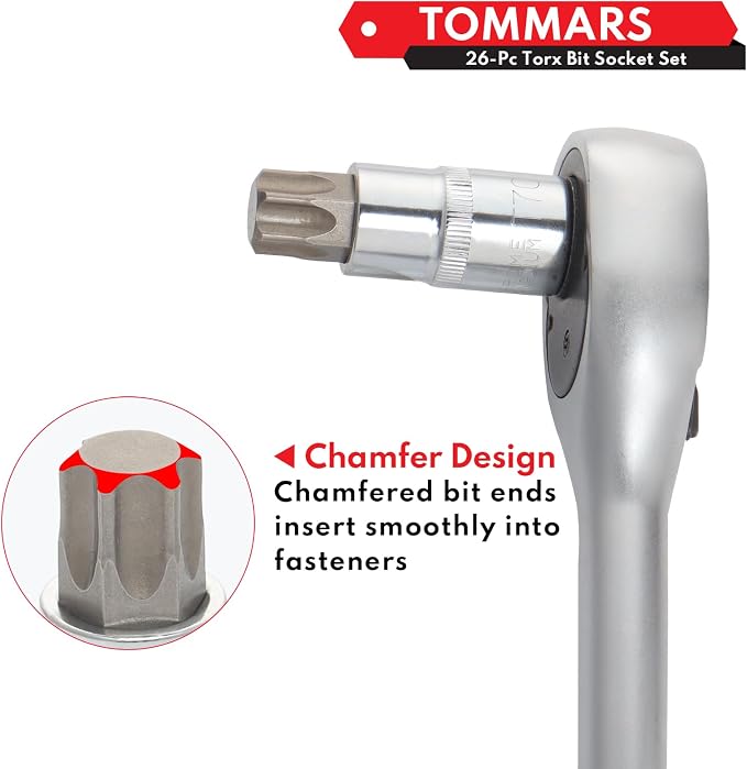 TOMMARS 26-PC Torx Socket Set, Torx Star Tamper Proof Security Bit | T10-T70 & TT10-TT70,1/4", 3/8", 1/2" Drive, S2 Steel Bits, CRV Sockets