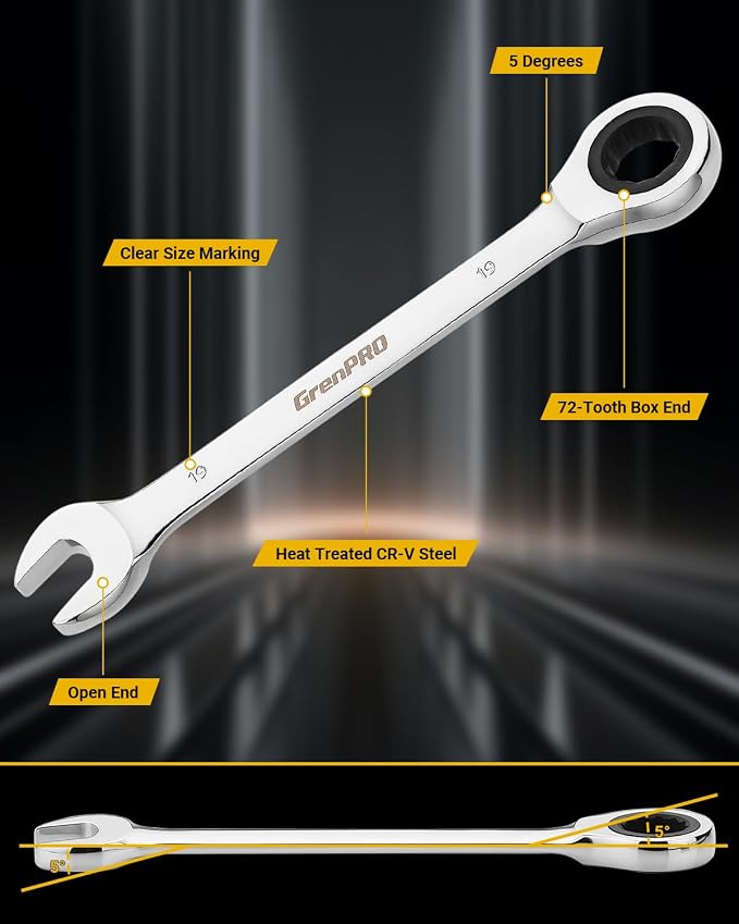 GRENPRO 12 Piece Combination Ratchet Wrench Set with Gauge, Metric Sizes 6-18mm, 72-Tooth Gear Design, CR-V Steel, Organizer Carry Box