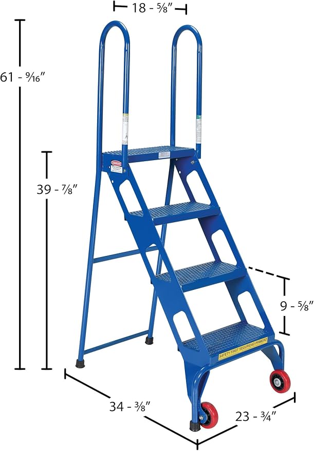 Vestil FLAD-4 Folding 4 Steps Ladder with Wheels, Carbon Steel, 350 lbs Capacity, 40" Top Step Height
