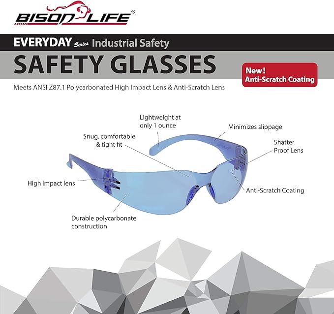 BISON LIFE Clear Safety Glasses – ANSI Z87.1 Scratch & Impact Resistant Wrap Around Eye Protection Goggles for Men & Women
