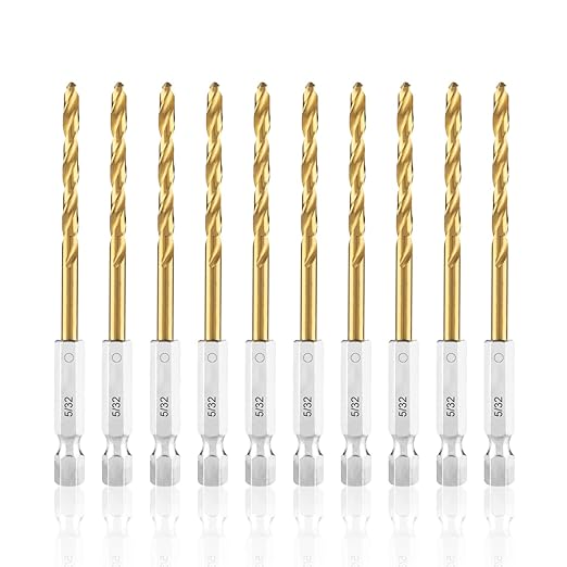 amoolo 5/32 Impact Drill Bits Set, 10Pcs Titanium HSS Twist Hex Shank Drill Bit Set for Metal, Steel, Wood, Plastic, Quick Change Design