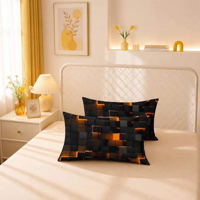 Nttopship Geometric Yellow Black Comforter Set,Light Honeycomb 3 Piece Bedding Set King Size for Teen Boys,Modern Quilt Set Geometry Decor,Microfiber Lightweight 1 Comforter 2 Pillowcases All Season