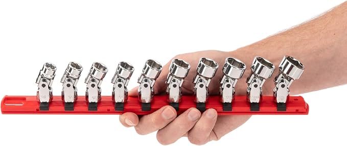 TEKTON 3/8 Inch Drive Universal Joint Socket Set, 10-Piece | SHD91119 | (10 - 19 mm), Shallow, 6-Point, Socket Rail