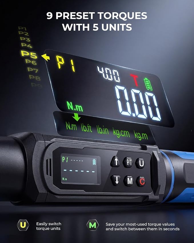 toolant 3/8" Digital Torque Wrench 1.5-100 ft-lb (2-135 N·m), ±2% Accuracy with Sound/Light/Vibration Alerts, 9 Presets & 500 Memory for Car Motorcycle Bike Repair