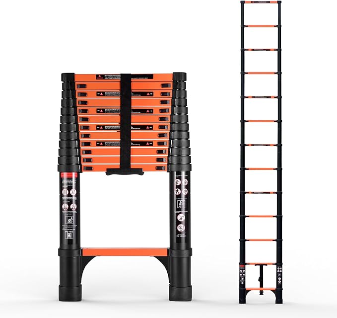SINMEIRUN Telescoping Ladder, 12.5 FT, Aluminum Extension Ladder, 330 lbs Capacity, Collapsible Multi-Purpose Ladder for Home, Roof and RV; Orange