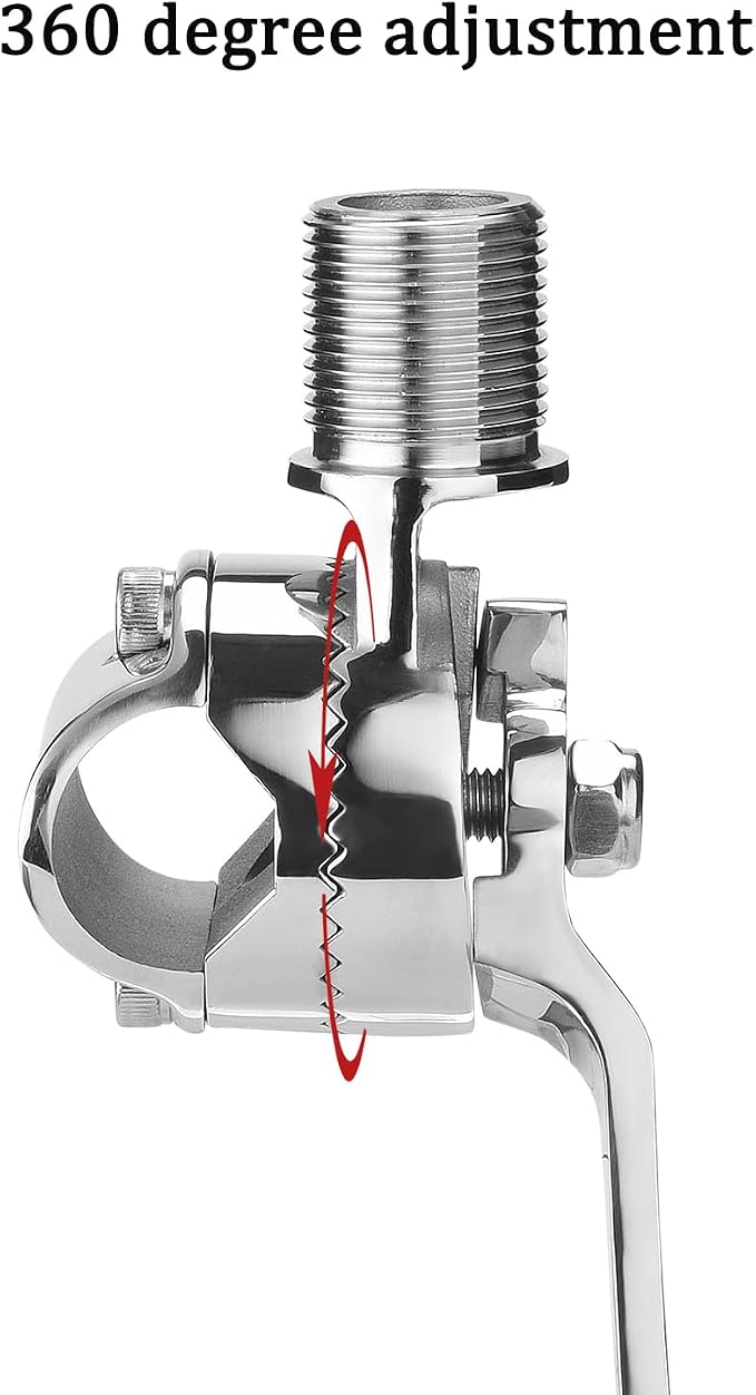 Marine VHF Antenna Mounts, Rail Mount Adjustable Antenna Base, Ratchet Mount, for 7/8 to 1 inch (22-25.4mm) Rail, 316 Stainless Steel, with Mounting Wrench