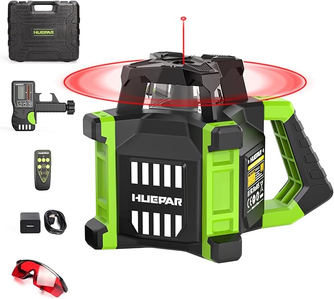 Huepar Electronic Self-Leveling Rotary Red Laser Level Kit - 360 Horizontal Laser Beam Interior/Exterior Rotating Laser Level Tool with Receiver, Protective Glasses, Hard Case RL300HR