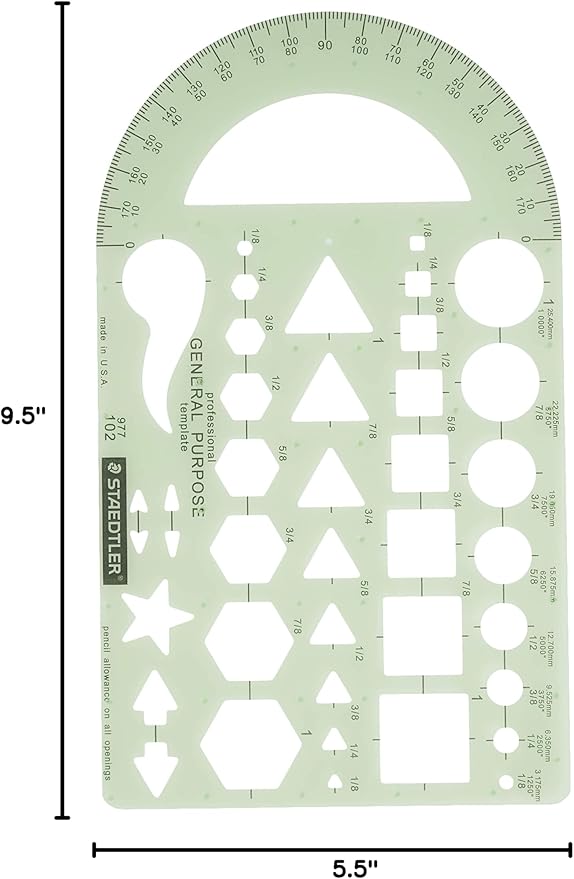 Staedtler Template, Geometric Shapes/Symbols, Protractor, Inch Scale, 9.5 x 5.5 Inches (977102)