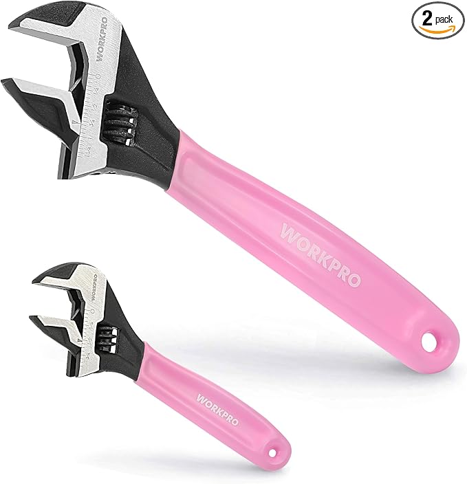 WORKPRO 2 PCS Pink Adjustable Wrench Set, 6-Inch & 10-Inch Wrenches, Wide Jaw Black Oxide Wrench, Metric & SAE Scales, Cr-V Steel, for Home, Garage, Workshop-Pink Ribbon