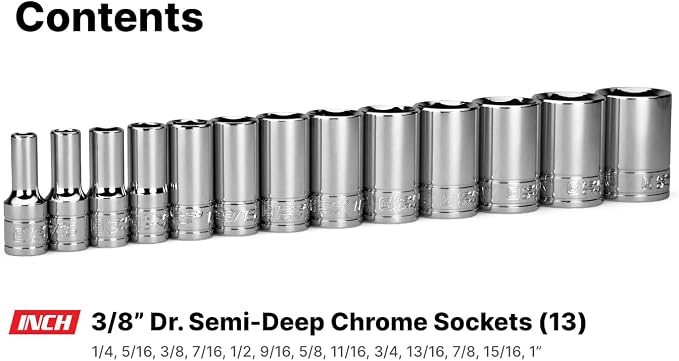 Capri Tools 3/8 in. Drive Semi-Deep Chrome Sockets Set, 6-Point, 1/4 to 1 in., 13-Piece