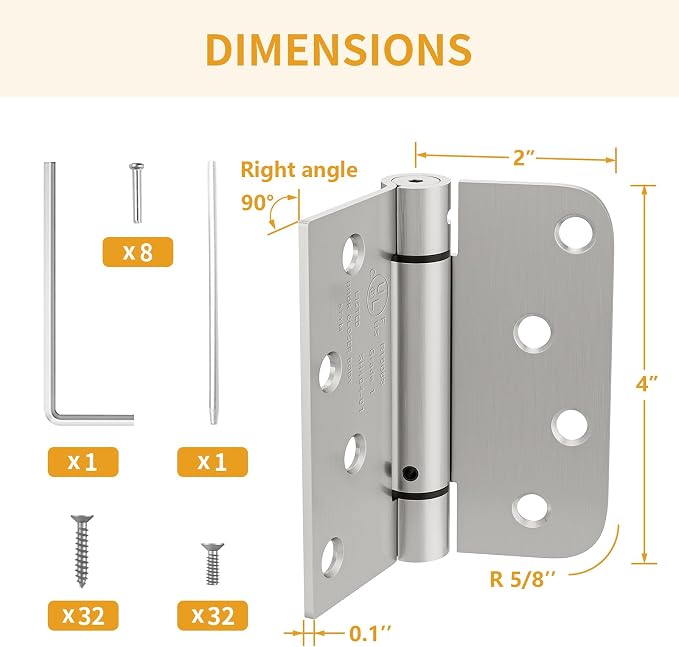 Luxbaro 4 Pack Self Closing Door Hinges, 4 Inch Spring Loaded Hinges with Square & 5/8'' Radius Corners, Adjustable Tension for Garage, Front Door, for Left and Right Hand Door, UL Listed