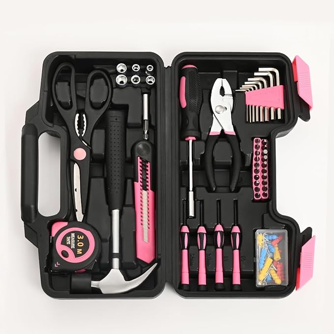 132 Piece Pink Tool Set, Womens Tool Kit for House, All Purpose Tool Kit for Home & Women, Small Home Repair Tool Set with Plastic Storage Toolbox for Garage, Office, College Dormitory, DIY Projects