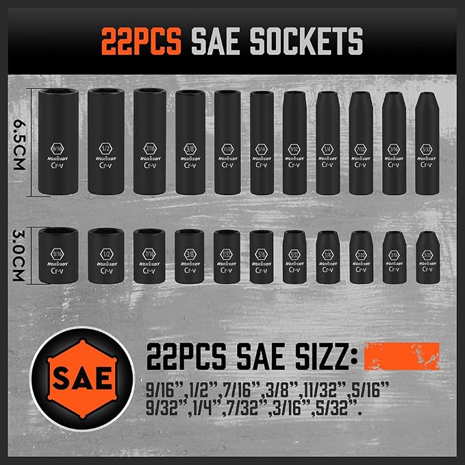 HORUSDY 56-Piece 1/4" Drive Impact Socket Set, Standard SAE (5/32 to 9/16 inch) and Metric (4-15mm) Size, 6 Point, Cr-V, 1/4-Inch Drive Ratchet Wrench, Drive Extension Bar, Impact Universal Joint