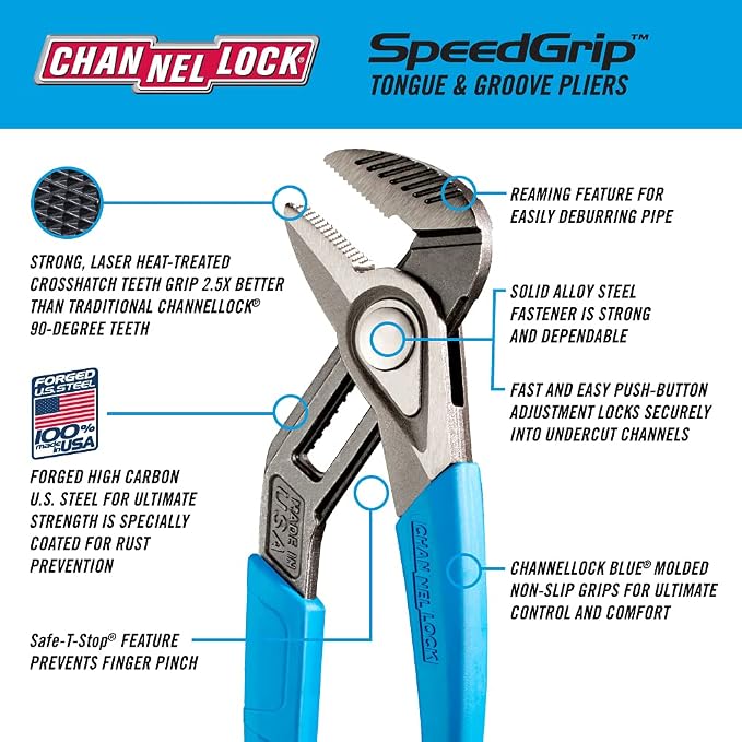 Channellock SpeedGrip Series 440X Tongue and Groove Plier, 12.05 in OAL, 2.32 in Jaw, Non-Slip Adjustment, Blue Handle