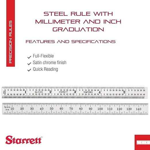 Starrett Full Flexible Steel Rule with Satin Chrome Finish, Quick Reading, Millimeter and Inch Graduation - 31 Graduation, 5-3/4" Length, 0.4mm Thickness - C331-150