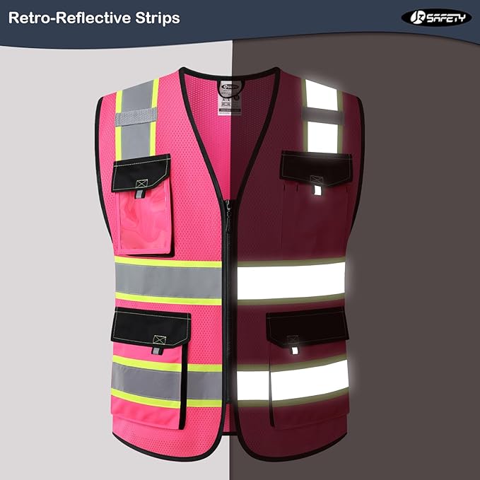 JKSafety Hi Vis Reflective Safety Vests for Men Women High Visibility Vest with Pockets Mesh Fabric Construction Safety Apparel Neon Vest for Work (220-Pink L)