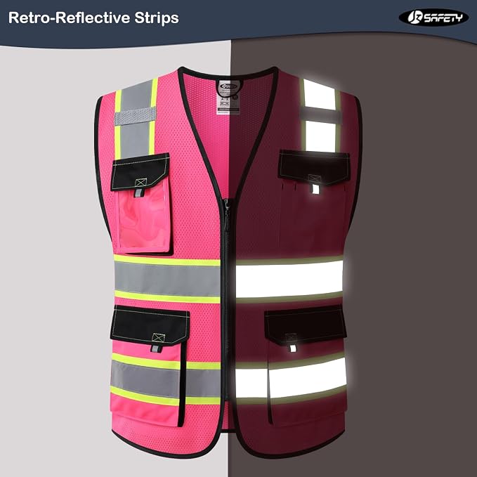 JKSafety Hi Vis Reflective Safety Vests for Men Women High Visibility Vest with Pockets Mesh Fabric Construction Safety Apparel Neon Vest for Work (220-Pink S)