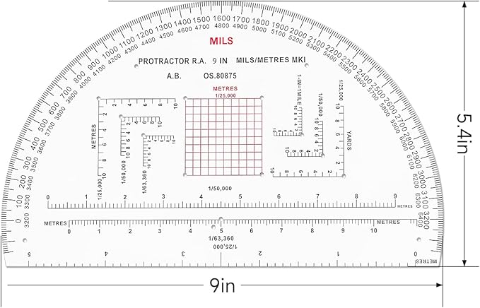 CYA Military Map Protractor for Land Navigation, Military Style UTM/MGRS Coordinate Scale, 9" RA