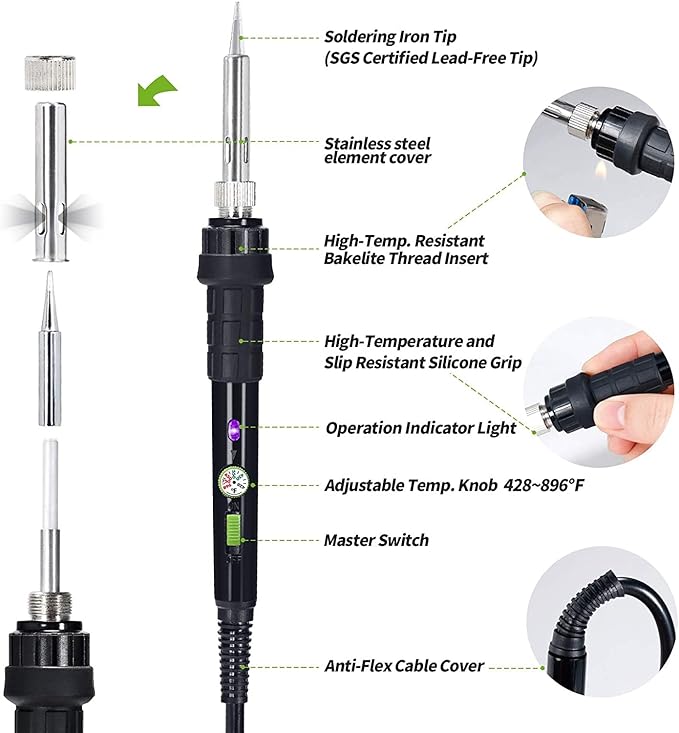 YIHUA 947-III 60W Soldering Iron Kit Temperature Adjustable 428-896°F 2-IN-1 Soldering Kit with Simple Soldering Iron Stand and Cleaning Sponge 110V US Power Plug