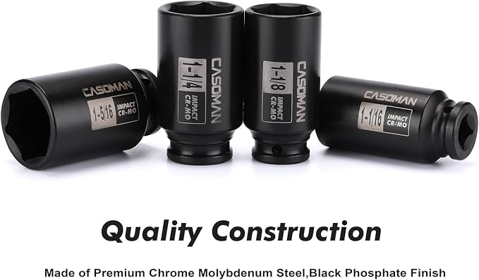 CASOMAN 1/2-Inch Drive Deep Spindle Axle Nut Impact Socket Set, 6 Point, CR-MO, SAE, 1" to 1-1/2", 8-Piece 1/2" Dr. Deep Impact Socket Set