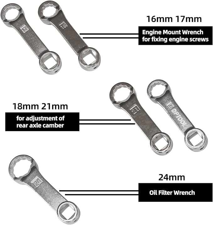DPTOOL 5Pc Rear Camber Adjust Wrench Engine Motor Mount Socket for Benz VW | Offset Fixing Screws Oil Filter Removal Wrench Kit with 1/2" Drive 12 Point 16mm 17mm 18mm 21mm 24mm