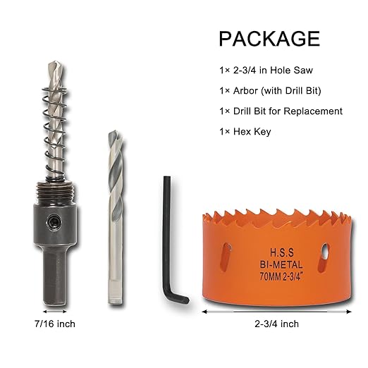 2-3/4 inch Hole Saw with Arbor for Metal Wood Plastic, 2-3/4 in Bimetal Hole Cutter for Different Project with Smooth and Flat Drilling Edge, Fast Chip Removal