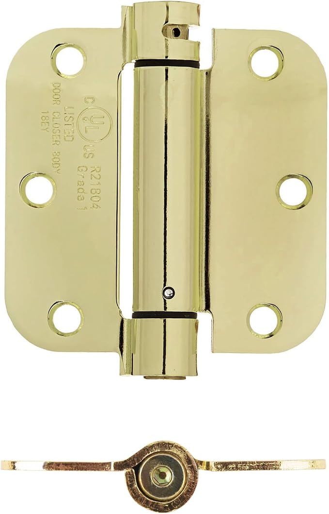 Amazon Basics Self-Closing Door Hinge, 3.5 Inch x 3.5 Inch, Polished Brass, 1-Piece, Hardware Included