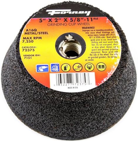 Forney 72375 Grinding Cup Wheel, Type 11 Flared Metal with 5/8-Inch-11 Threaded Arbor, A16Q, 5-Inch-by-2-Inch