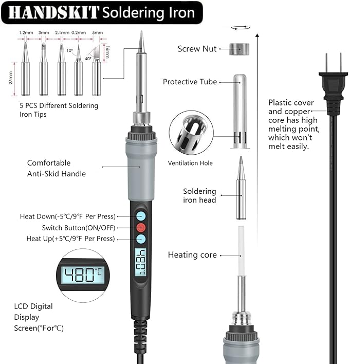 Soldering Iron Kit Electronics, 21-in-1, 90W Adjustable Temperature Soldering Iron, 5pcs Soldering Iron Tips, Soldering Iron Stand, Desoldering Pump, Magnifier, Solder Wire, Tweezer, PU Carry Bag