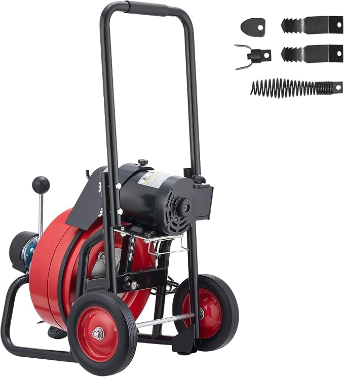 VEVOR Drain Cleaner Machine 75 FT x 1/2 Inch, Auto Feed Sewer Snake Auger on Wheels, Portable Drain Cleaning Machine with 4 Cutters & Air-activated Foot Switch for 2" to 6" Pipes