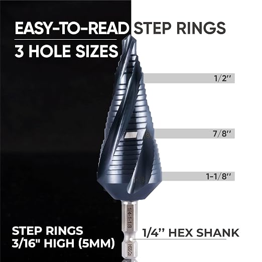 toolant Four Spiral Flute Cobalt Step Drill Bit(Pro), 1/4"-1-1/8" Impact Ready Unibit Step Drill Bit, 1/4" Hex Shank Step Bit for Metal, Stainless Steel, Aluminum, Plastic