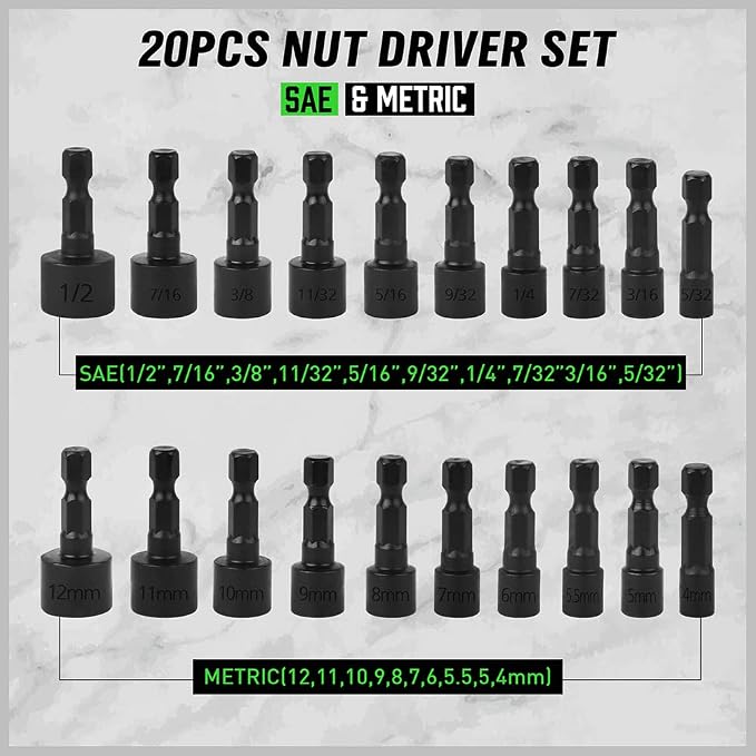SWANLAKE 20PCS Power Nut Driver Set for Impact Drill, 1/4” Hex Head Drill Bit Set SAE and Metric