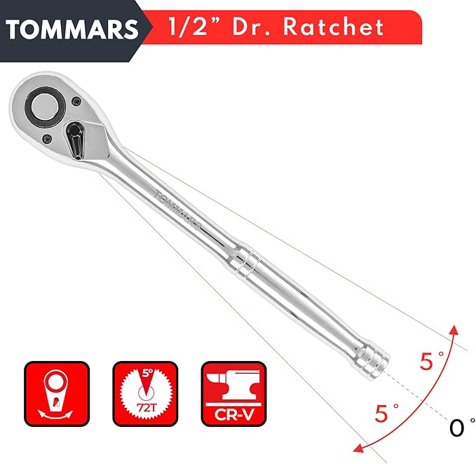 TOMMARS 1/2" Drive Ratchet Wrench, 72-Tooth Quick-Release Reversible Socket Ratchet, 5° Swing Arc Mechanic Hand Tool, Automotive Repair & Gifts for Men