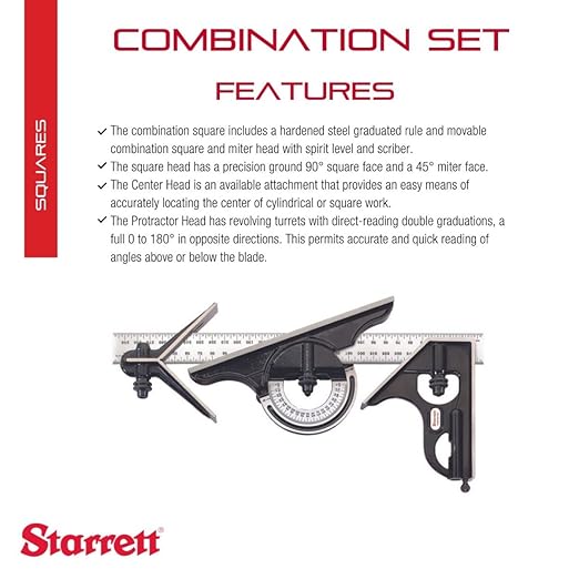 Starrett Combination Set with Square, Center and Reversible Protractor Head and Blade - 300mm Blade Length, Forged and Hardened Steel, 35 Graduation Type - C434M-300