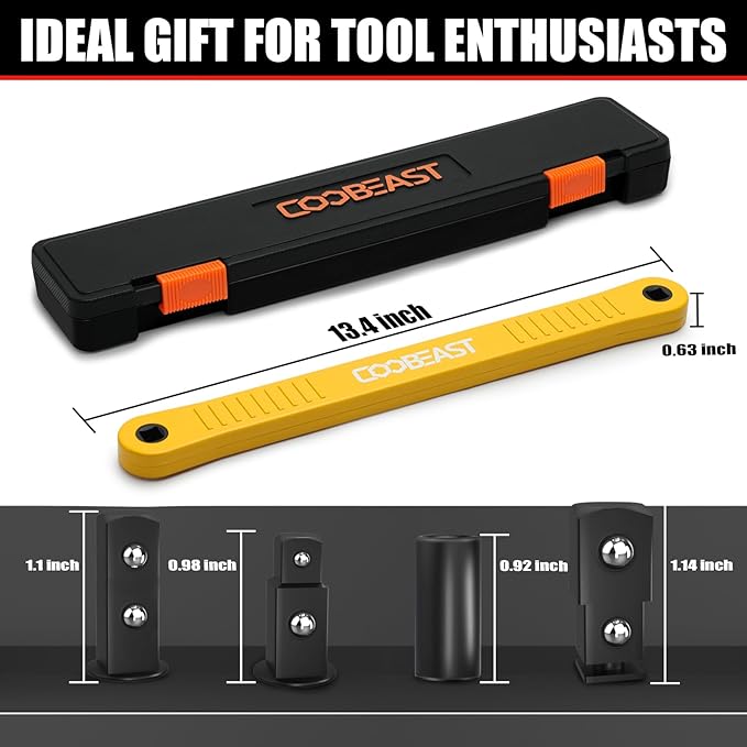 coobeast Offset Extension Wrench Impact Ready Socket Wrench Extender Tool with Versatile 1/4", 3/8", and 1/2" Square Drive Adapters, Universal Extensions Wrench for Small Place, Yellow
