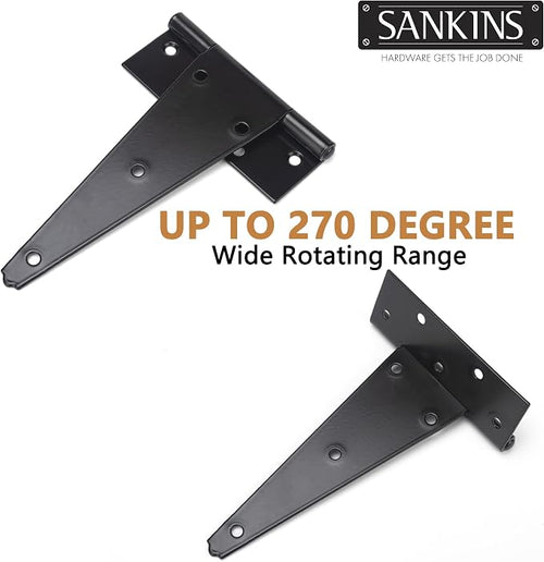 10 Inch T-Strap Shed Door Hinges Heavy Duty, Black Tee Hinge for Wooden Fences, Yard Door, Barn Door Gates, Wrought Hardware Rustproof, 6 PCS