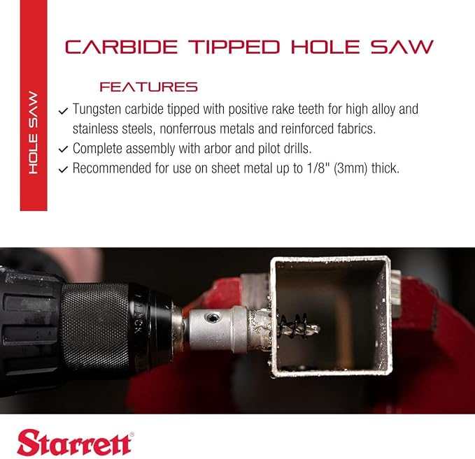 Starrett Tungsten Carbide Tipped Stainless Steel Sheet Metal Hole Saw - Ideal for Stainless, High Alloy Steel, Non-Ferrous Metals, Reinforced Fabrics - 5/8'' Diameter - SM16