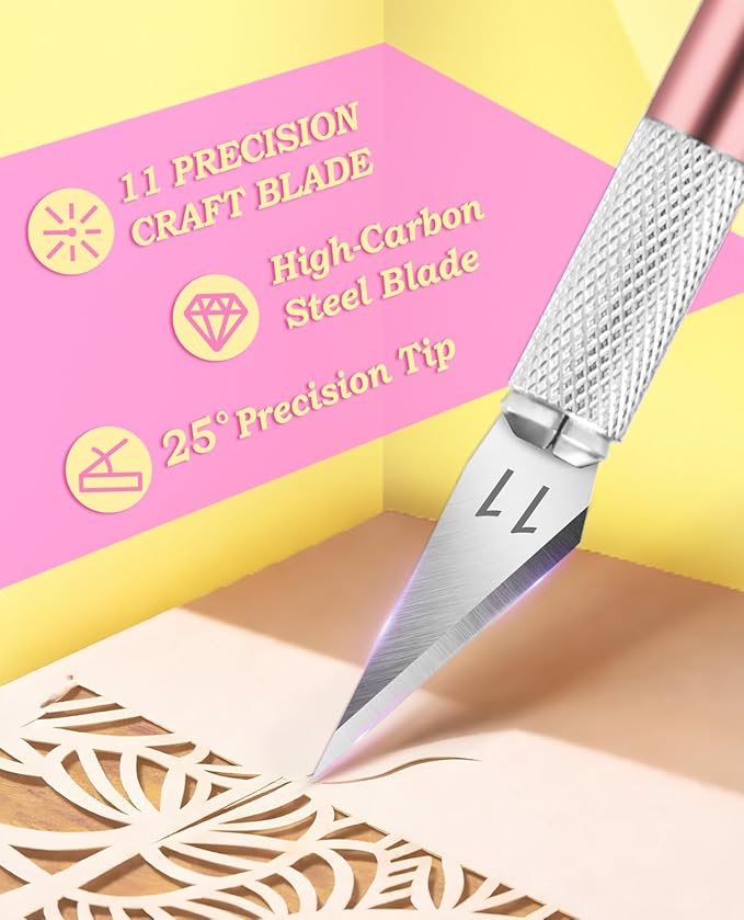 DIYSELF 1 Pcs Craft Hobby Knife Exacto Knife with 11 Pcs Stainless Steel Blade Kit, 1pcs Steel 15CM Ruler for Art, Scrapbooking, Stencil (Pink)