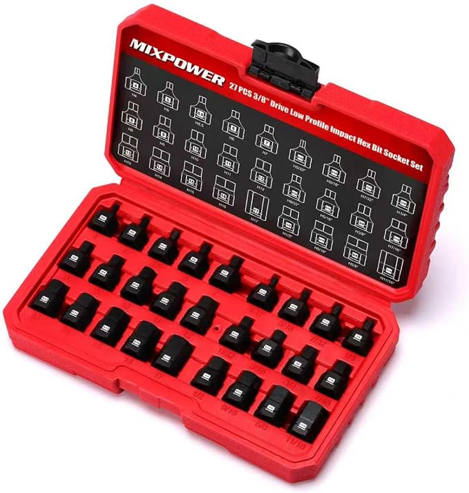 MIXPOWER 27-Piece 3/8" Drive Stubby Impact Hex Bit Socket Set,SAE/Metric, 5/32"-11/16",4mm-17mm, S2 Steel Air Drive Low Profile Socket Set,Impact Grade,Anti-Roll Design