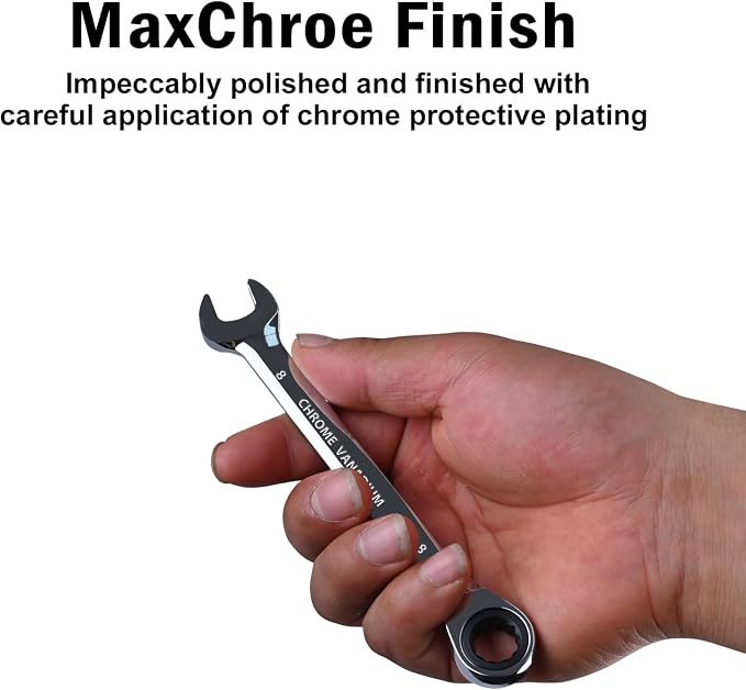 Egofine 8mm Ratcheting Combination Wrench Metric, Industrial Grade Gear Spanner with 12-Point Design, 72-Tooth Ratchet, Chrome Vanadium Steel