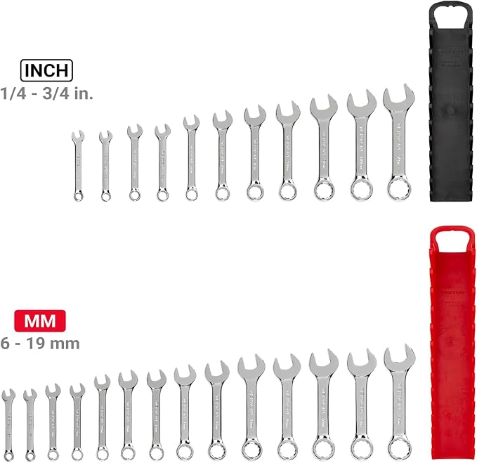 TEKTON Stubby Combination Wrench Set, 25-Piece | WCB92403 | (1/4 - 3/4 in., 6 - 19 mm), Wrench Holder, Chrome Finish