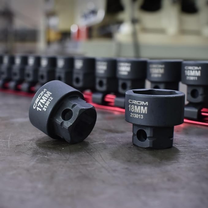 CROM Stubby Impact Socket Set 3/8" Drive Metric 6-19mm 14-Piece | Low Profile, CR-MO Steel, Nano Shallow Impact, Includes Aluminum Storage Rail