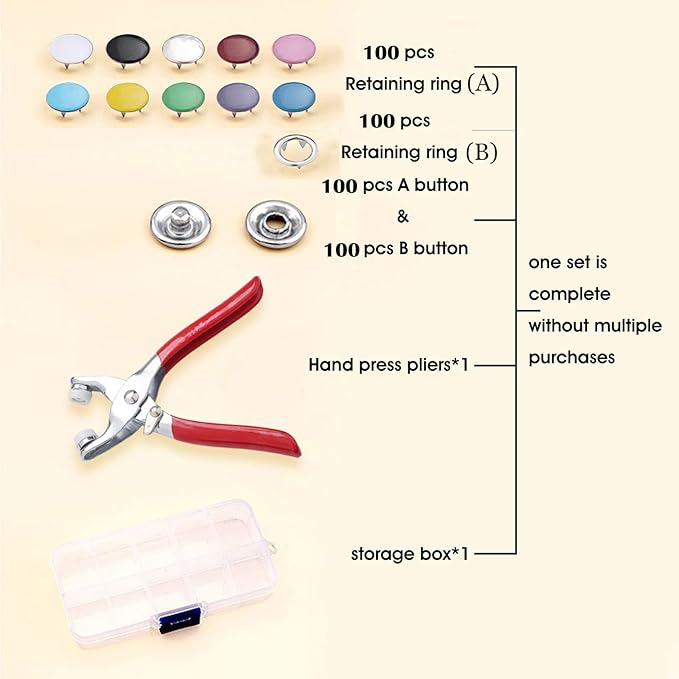 GTAAOY 100 Sets Metal Snaps Buttons with Fastener Pliers Press Tool Kit Perfect for DIY Crafts Clothes Hats and Sewing, Snap Button Fasteners Kit for Clothing Sewing (9.5mm / 400 PCS)
